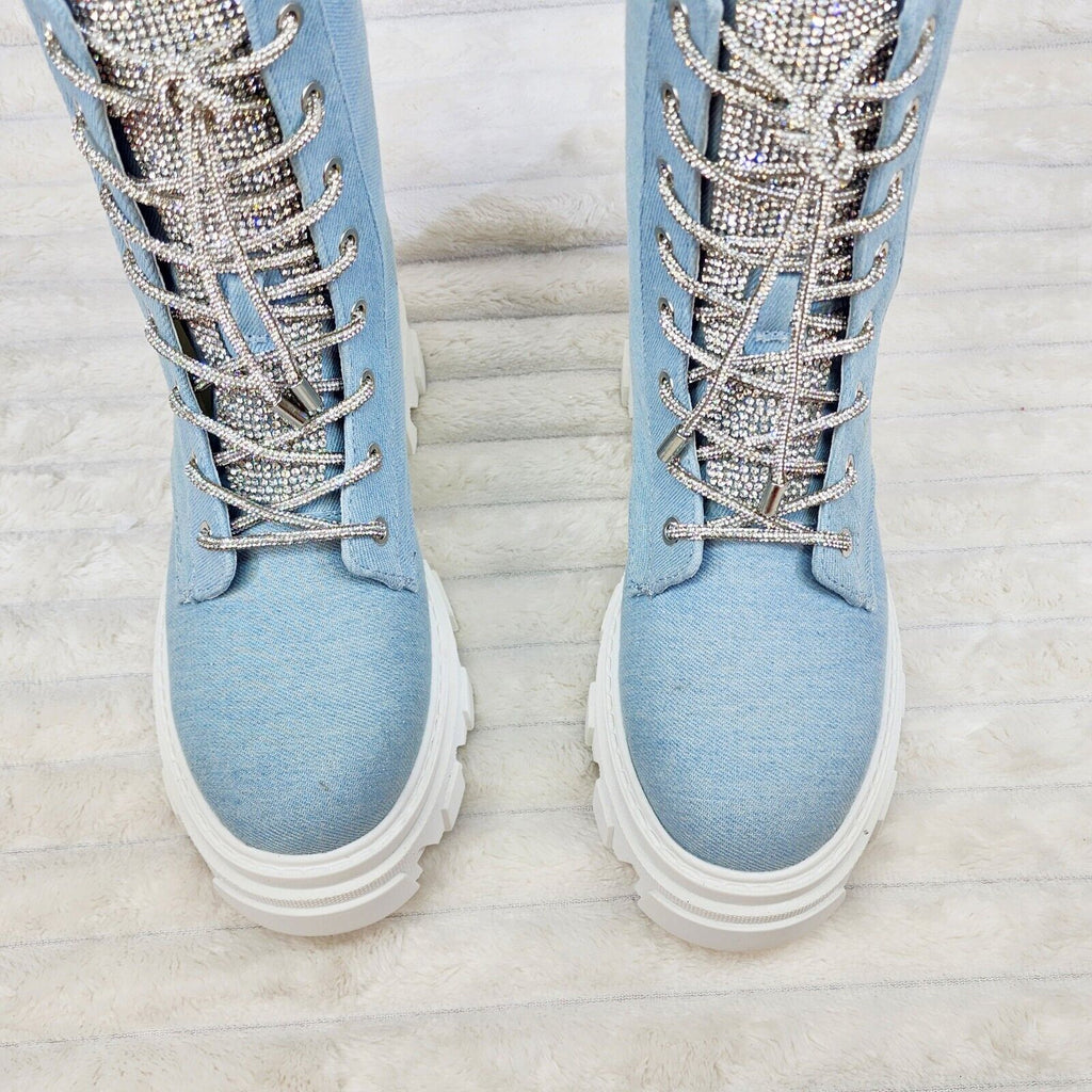 Rowan Denim Combat Ankle Boots Iridescent Rhinestone Tongue and Rope Laces - Totally Wicked Footwear