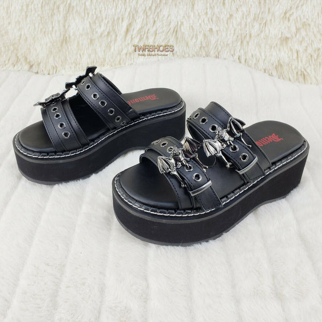 Emily 100 Black 2" Platform Bat Buckle Slip On Sandals Shoes 6-12 NY Restocked - Totally Wicked Footwear