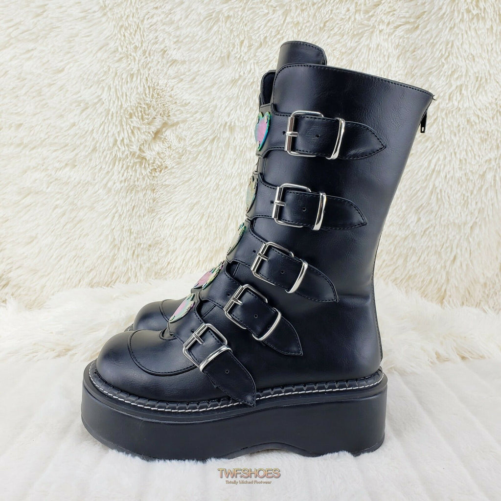 Demonia Emily 330 Black Matte 2" Platform Metal Heart Plate Combat Boots 6-12 NY - Totally Wicked Footwear