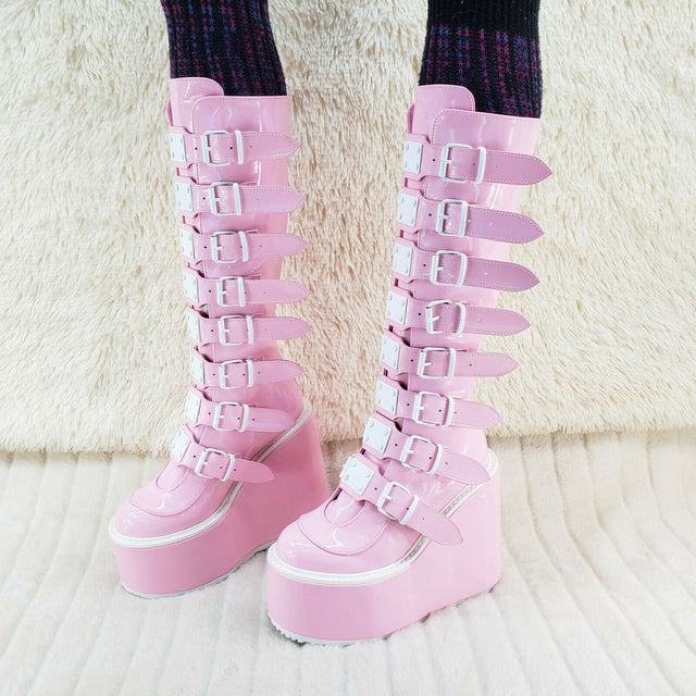 Trinity Swing 815 Pink Hologram Patent Goth Knee Boot 5.5" Platform In House NY - Totally Wicked Footwear