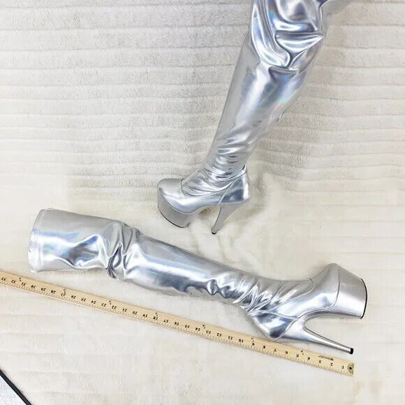 ADORE 3000 Silver Hologram Patent Over The Knee Platform Thigh Boot 7" Heel 5 -14 - Totally Wicked Footwear