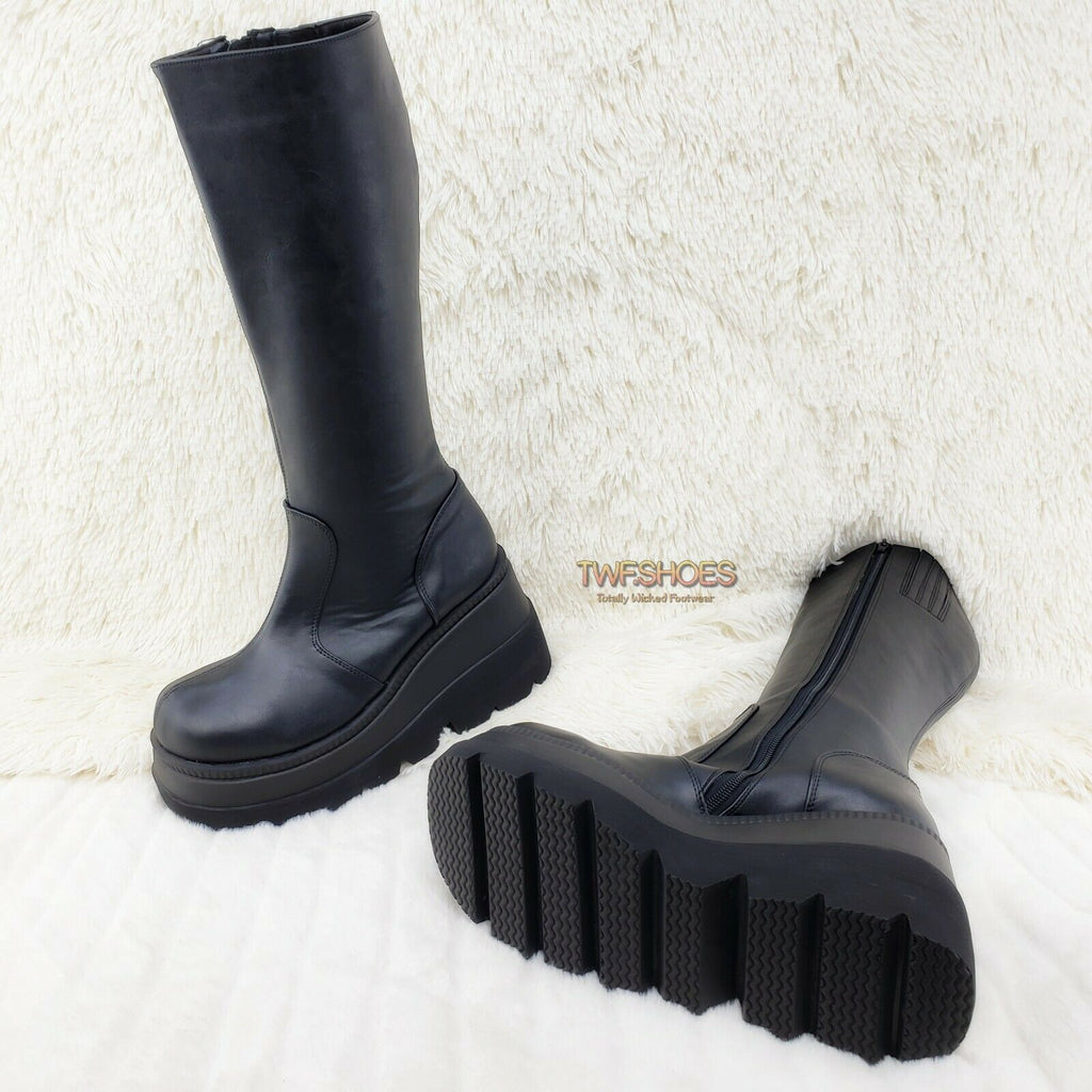 Demonia Shaker 100 Black Matte Platform 4.5" Wedge Heel Knee Boots NY - Totally Wicked Footwear