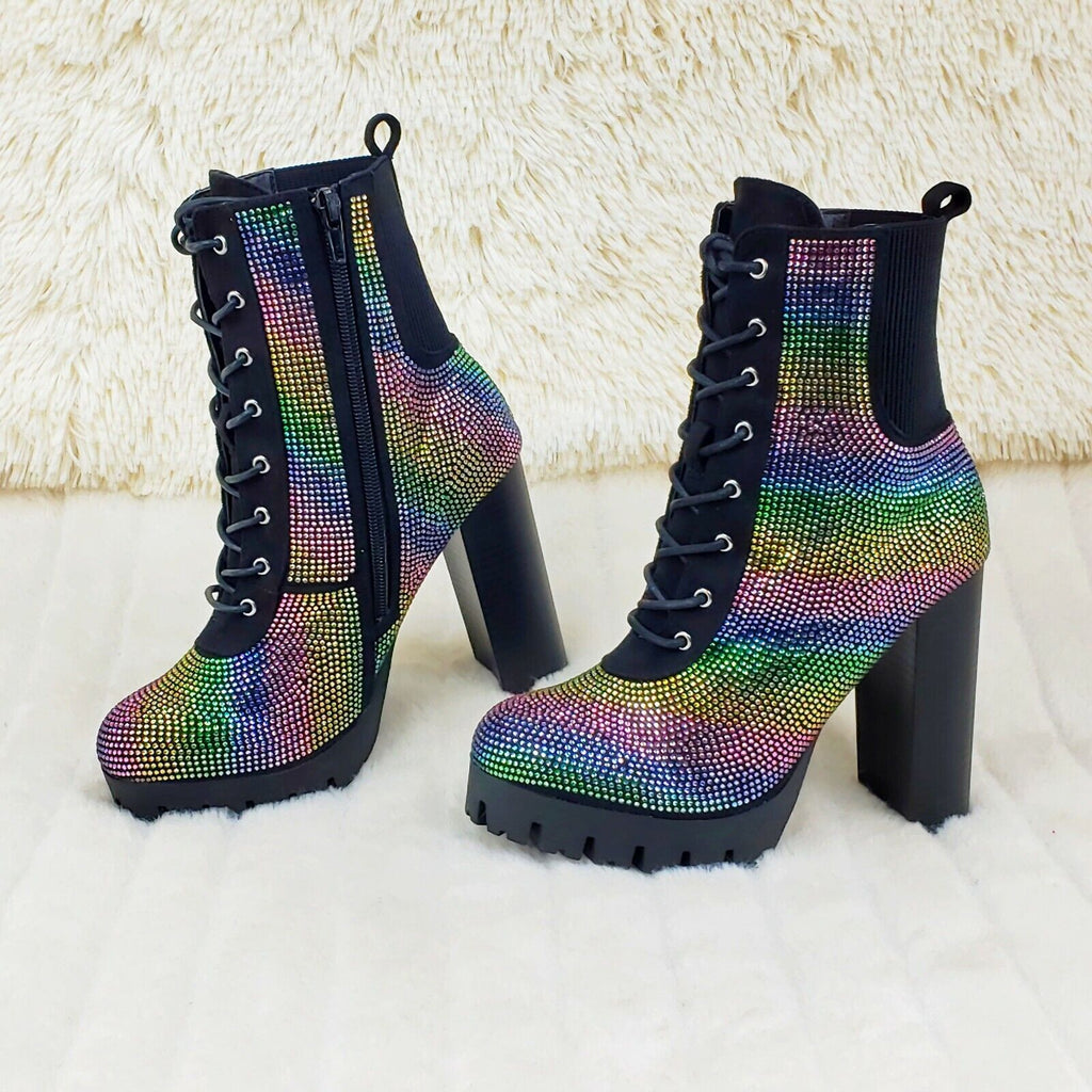 Wild Diva Veronica Rainbow Rhinestone Chunky Heel Ankle Boots Black - Totally Wicked Footwear