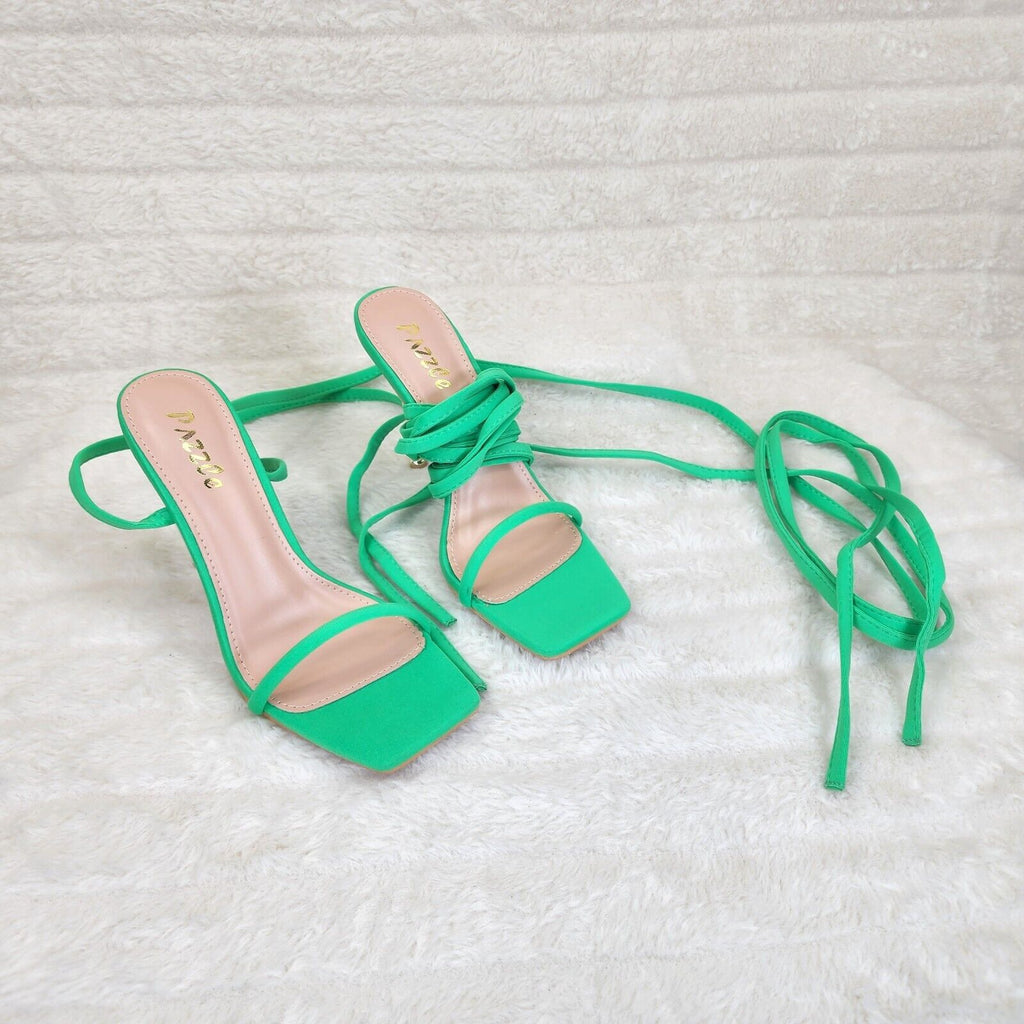 Chica Bright Neon Green Sateen Long Lace Strappy Tie Up High Heel Sandal - Totally Wicked Footwear