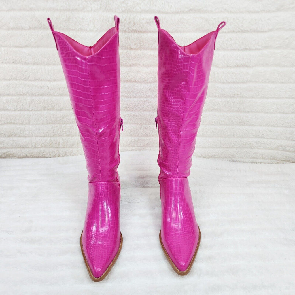 Sissy Fuchsia Pink Snake Texture Western Knee High 2" Heel Cowgirl Boots - Totally Wicked Footwear