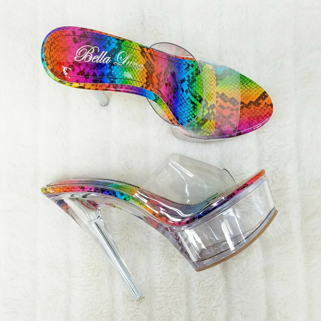 Cloud Clear Platform 6" High Heels Rainbow Snake Foot-bed Slip On Mule - Totally Wicked Footwear