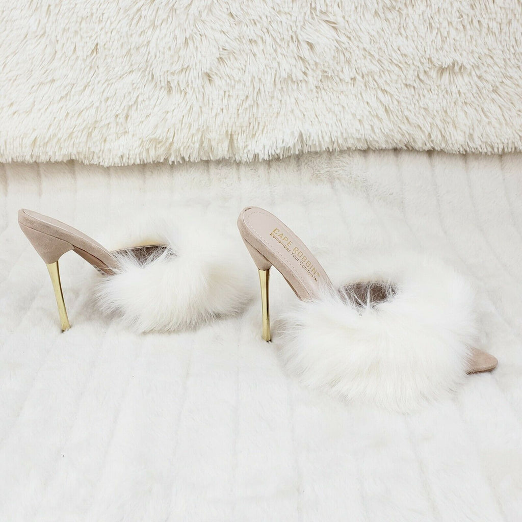 Fuji Furry Pointy Toe Slip On 4.5" Gold Tone Slim Heels Nude - Totally Wicked Footwear
