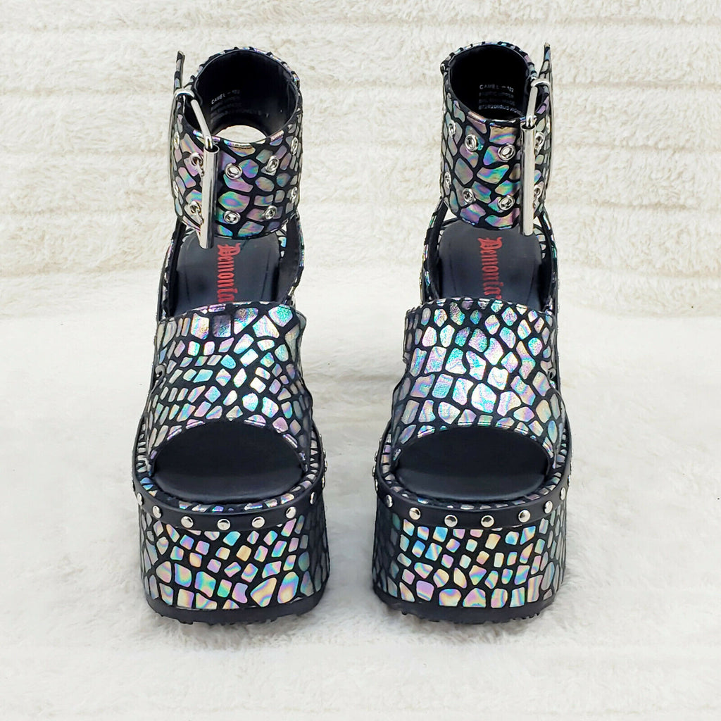 Camel 102 Stacked Black Hologram Platform Sandals Goth Punk 6-12 NY Demonia - Totally Wicked Footwear