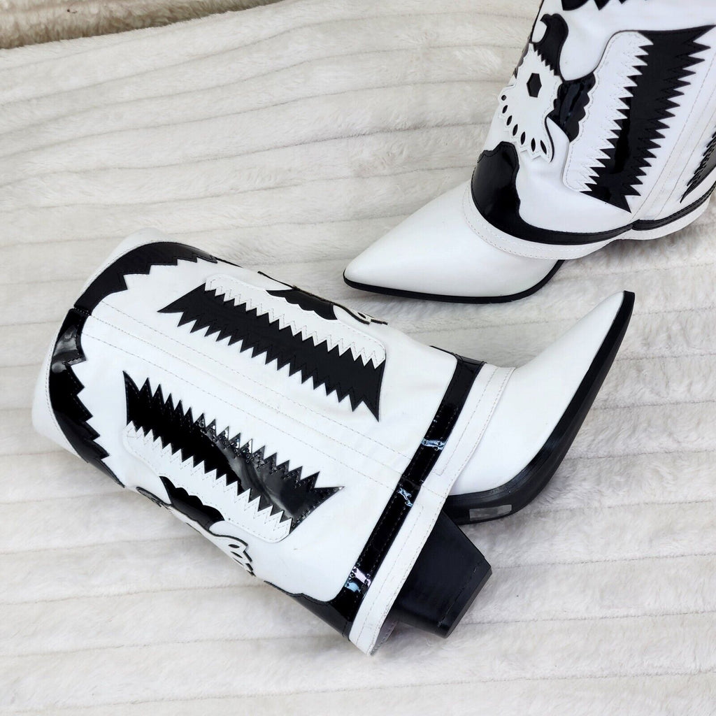 South Western Flare White & Black Skirted Fold Over Western Cowgirl Boots - Totally Wicked Footwear