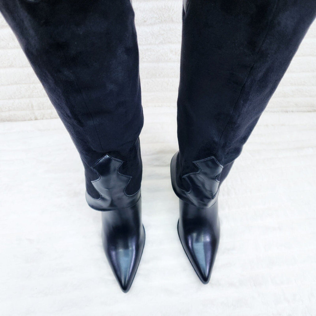 Branded Black Skirted Fold Over Western Knee High Cowgirl Boots - Totally Wicked Footwear