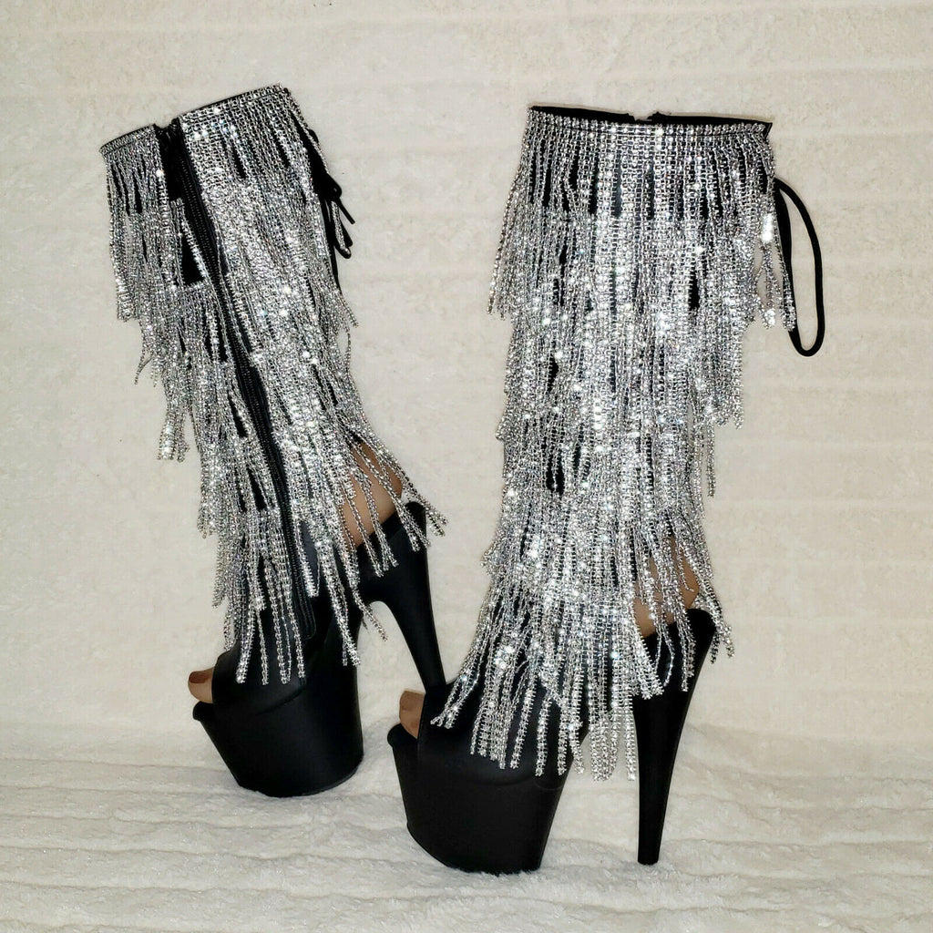 Adore 2024 Silver Fringe Black Platform 7" High Heel Fringe Knee Boots NY - Totally Wicked Footwear