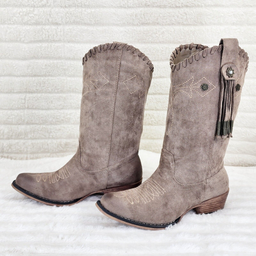 Prairie Girl Taupe Distressed Tassel Cowboy Cowgirl Pull On Mid Calf Boots - Totally Wicked Footwear