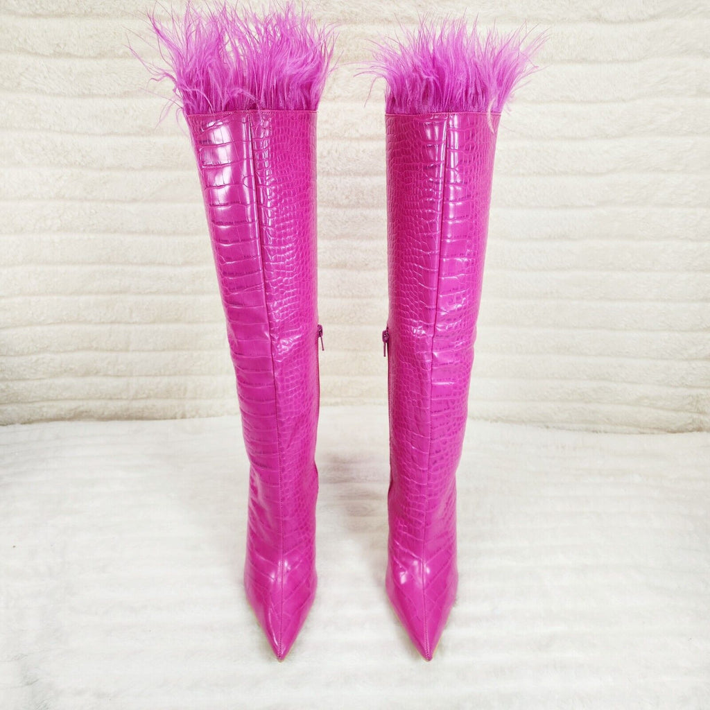 Flirty Fuchsia Pink Snake Texture Knee High Heel Stiletto Boots Sexy Feather Top - Totally Wicked Footwear