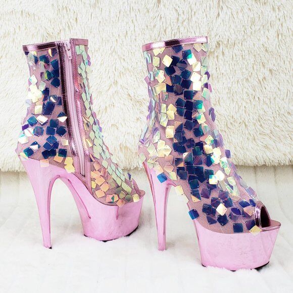 Delight 1031SQ Pink Opal Sequin Ankle Boot 7" High Heel Shoe Sizes 11 & 12 NY - Totally Wicked Footwear