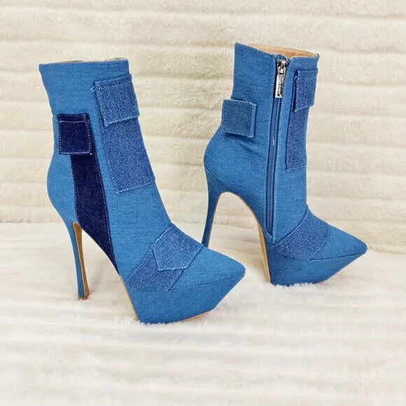Kinder Pointy Toe Platform Stiletto Heel Ankle Boots Denim Patchwork - Totally Wicked Footwear