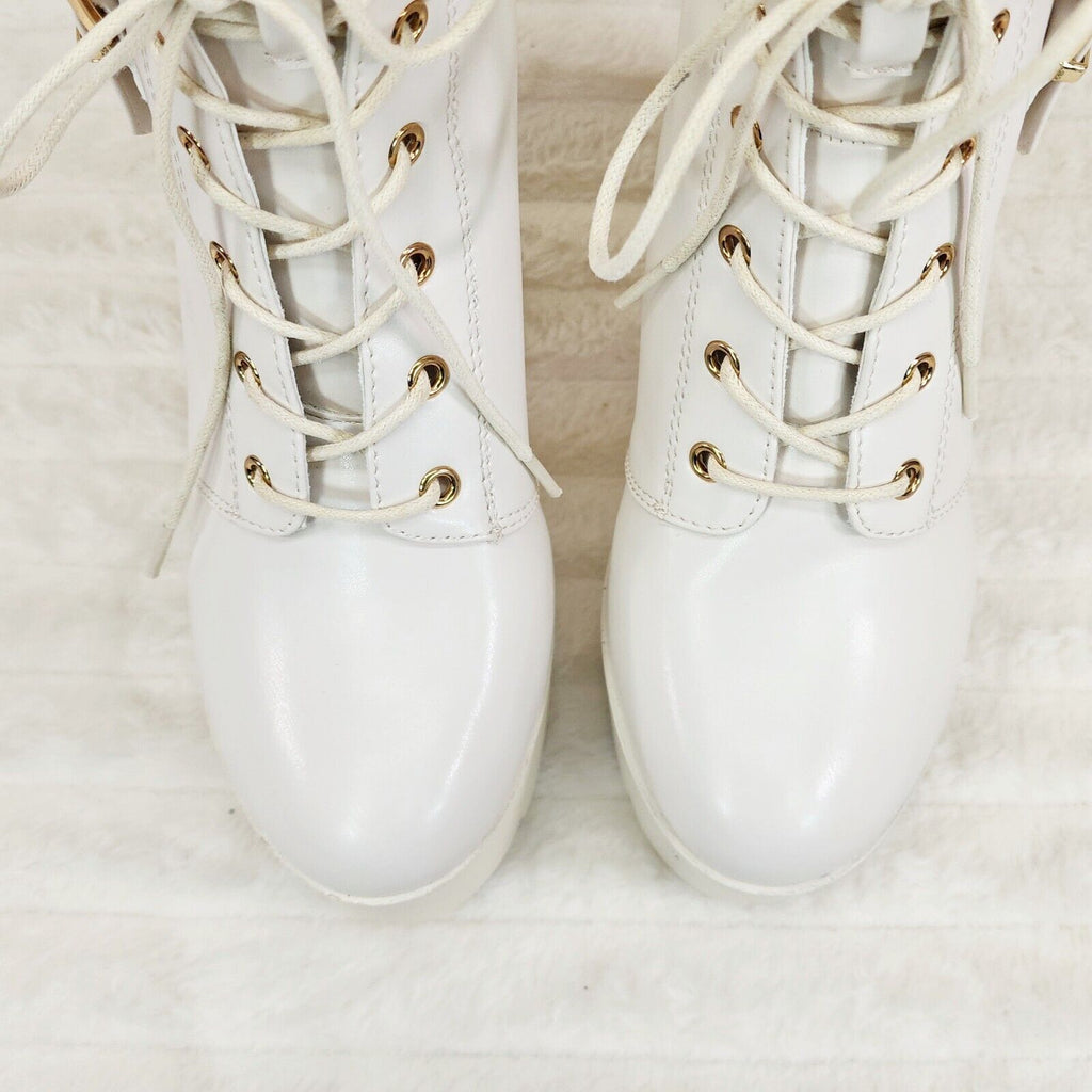 Linda Off White Chunky Block Heel Lave Up Ankle Boots Brand New - Totally Wicked Footwear