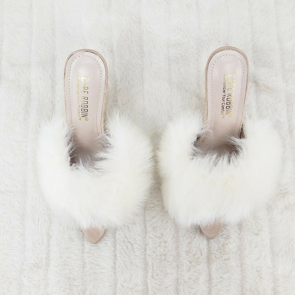 Fuji Furry Pointy Toe Slip On 4.5" Gold Tone Slim Heels Nude - Totally Wicked Footwear