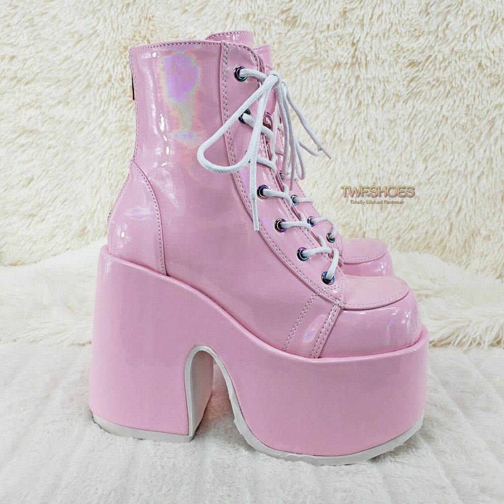 Demonia 203 Camel Stacked Pink Patent Platform Goth Punk Ankle Boots 6-12 NY - Totally Wicked Footwear