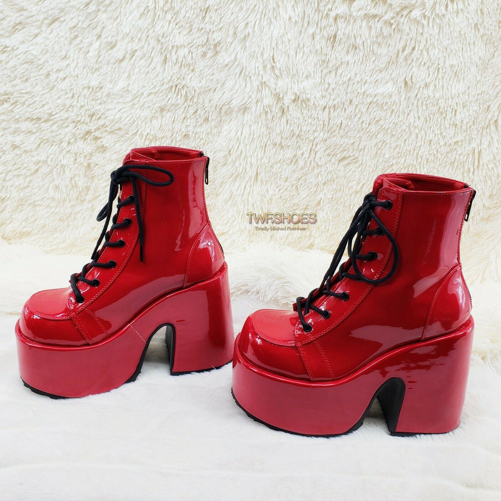 Demonia 203 Camel Stacked Red Patent Platform Goth Punk Ankle Boots NY Restocked - Totally Wicked Footwear
