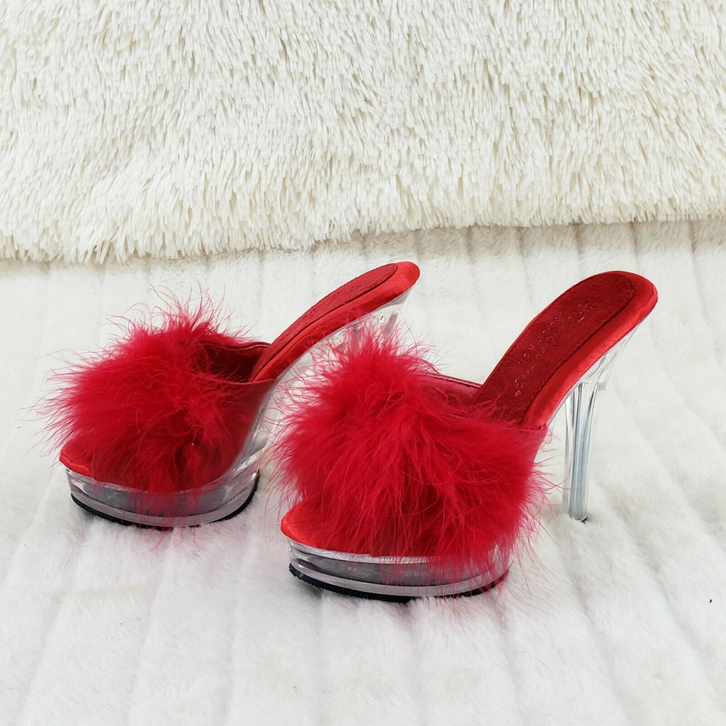 Majesty 501 Marabou Feather Slip On Platform Sandals 6" Stiletto Heel Shoes Red - Totally Wicked Footwear