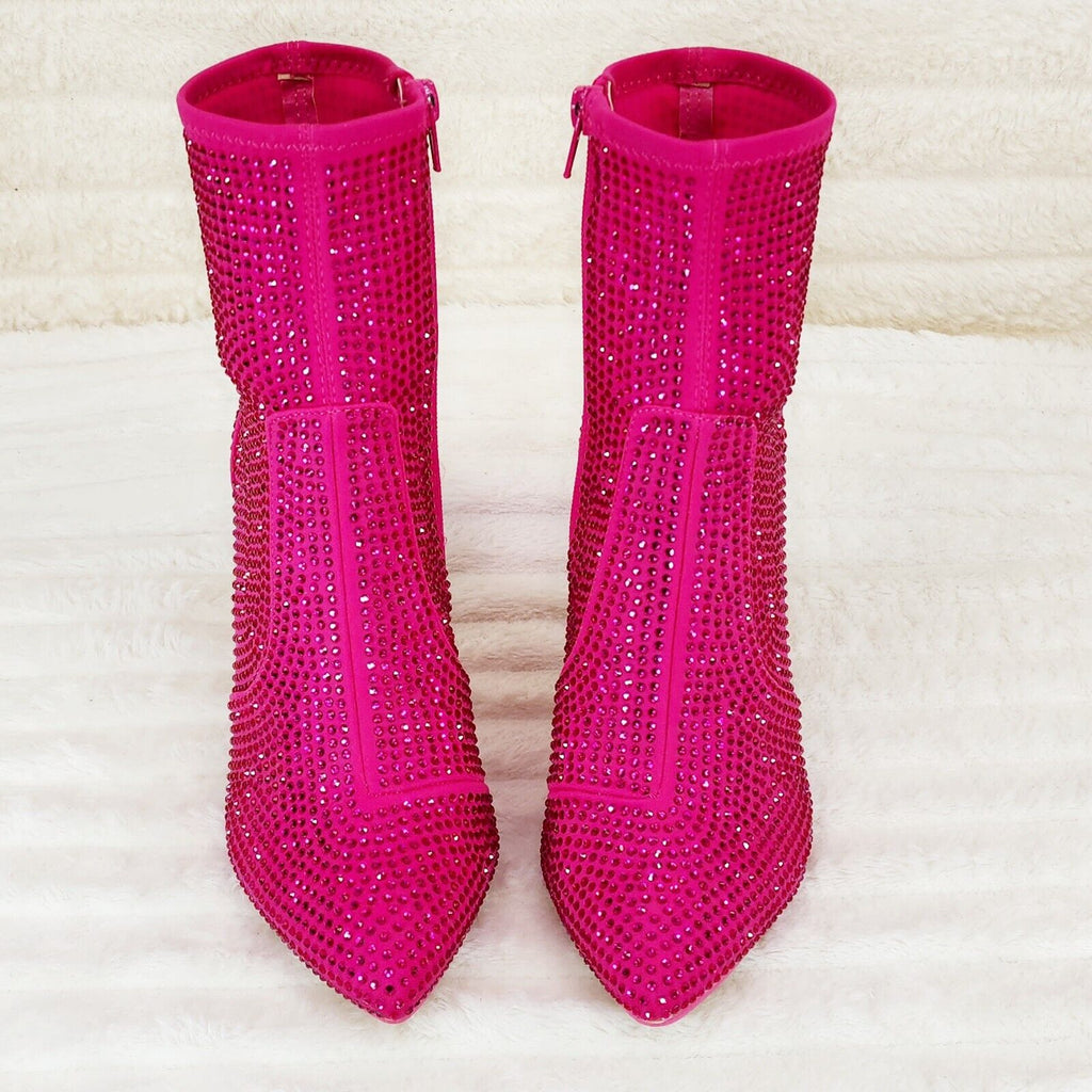 Stunning Fuchsia Hot Pink Stretch Rhinestone Ankle Boots 3.5" Heels - Totally Wicked Footwear