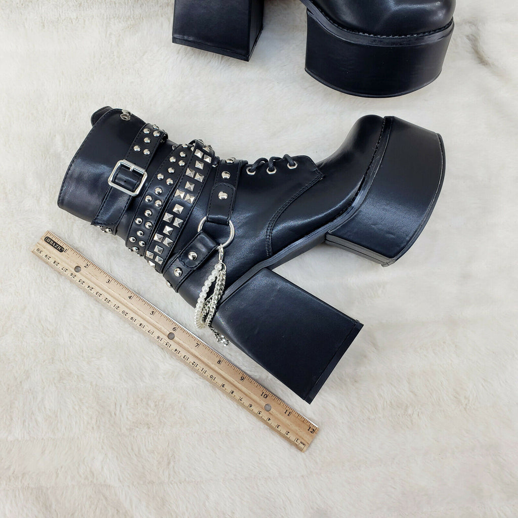 Ocho Black Ice Multipile Strap Platform Chunky Block Heel Ankle Boots - Totally Wicked Footwear
