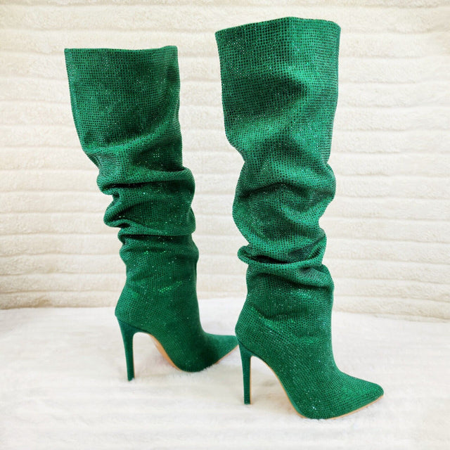 Radiant Emerald Green Rhinestone High Heel Slouch Knee High Boots - Totally Wicked Footwear