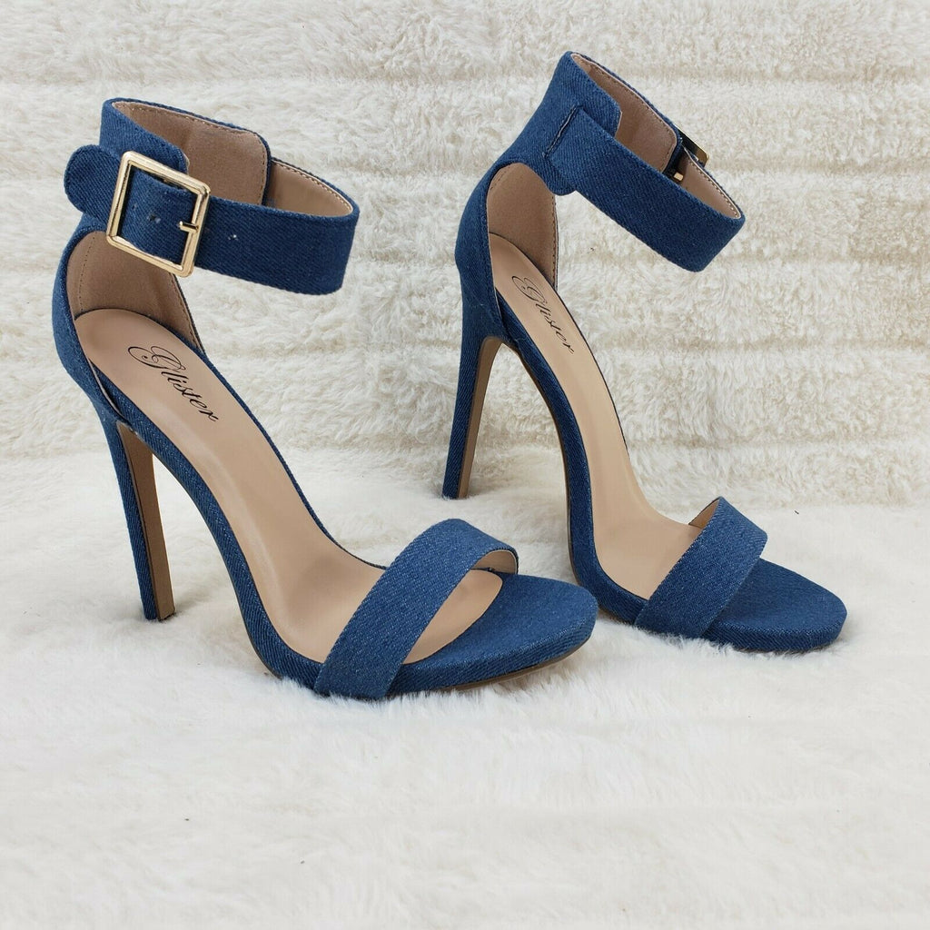Sexy Medium Blue Denim Ankle Strap 4.5" High Heel Shoes Heels Glister - Totally Wicked Footwear