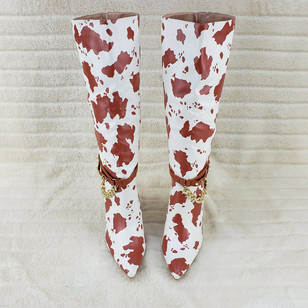 Eva Tan & White Cow Print Leatherette Gold Tone High Heel & Chain Knee Boots - Totally Wicked Footwear