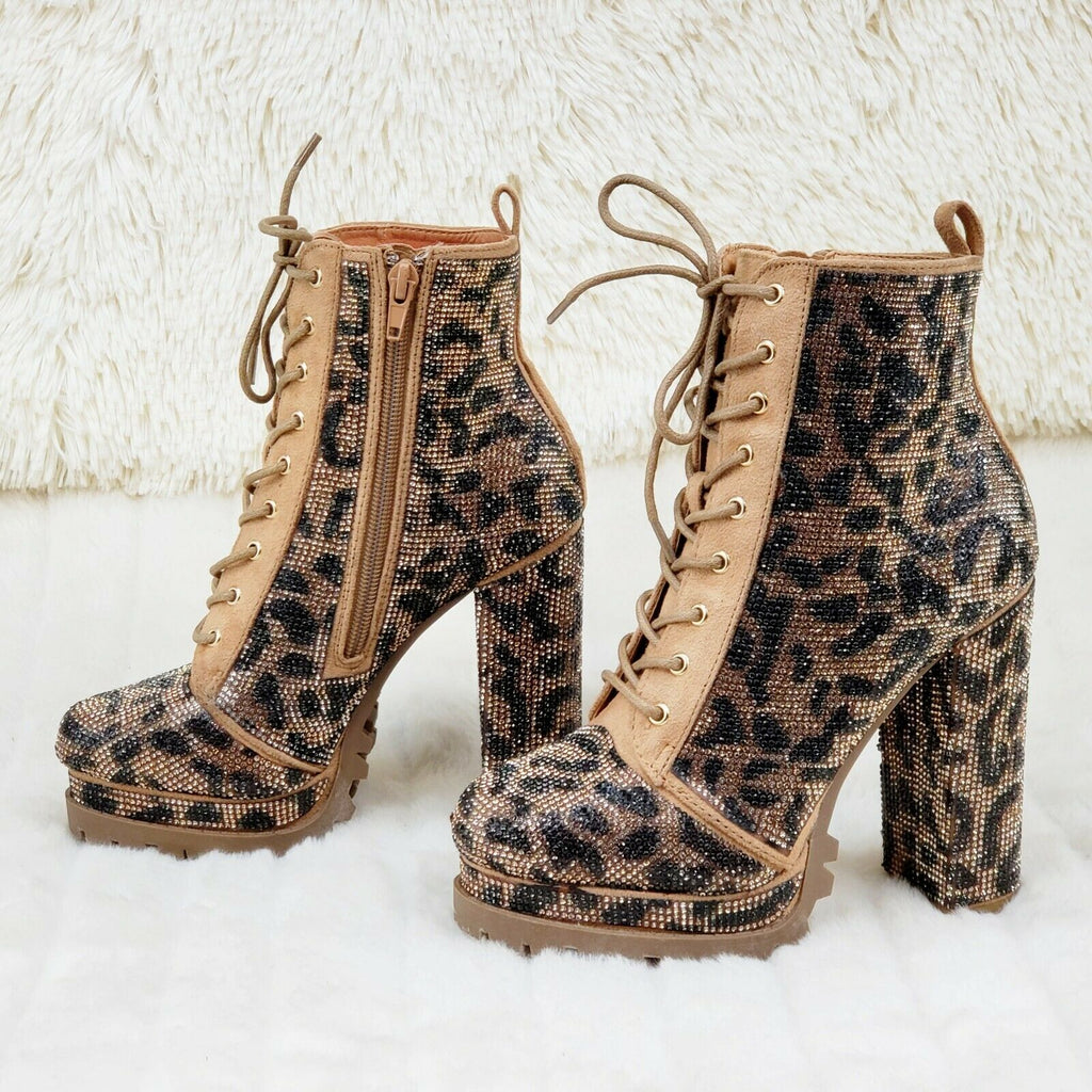 Wild Diva Vivian 15 Leopard Rhinestone High Heel  Platform Ankle Boots - Totally Wicked Footwear