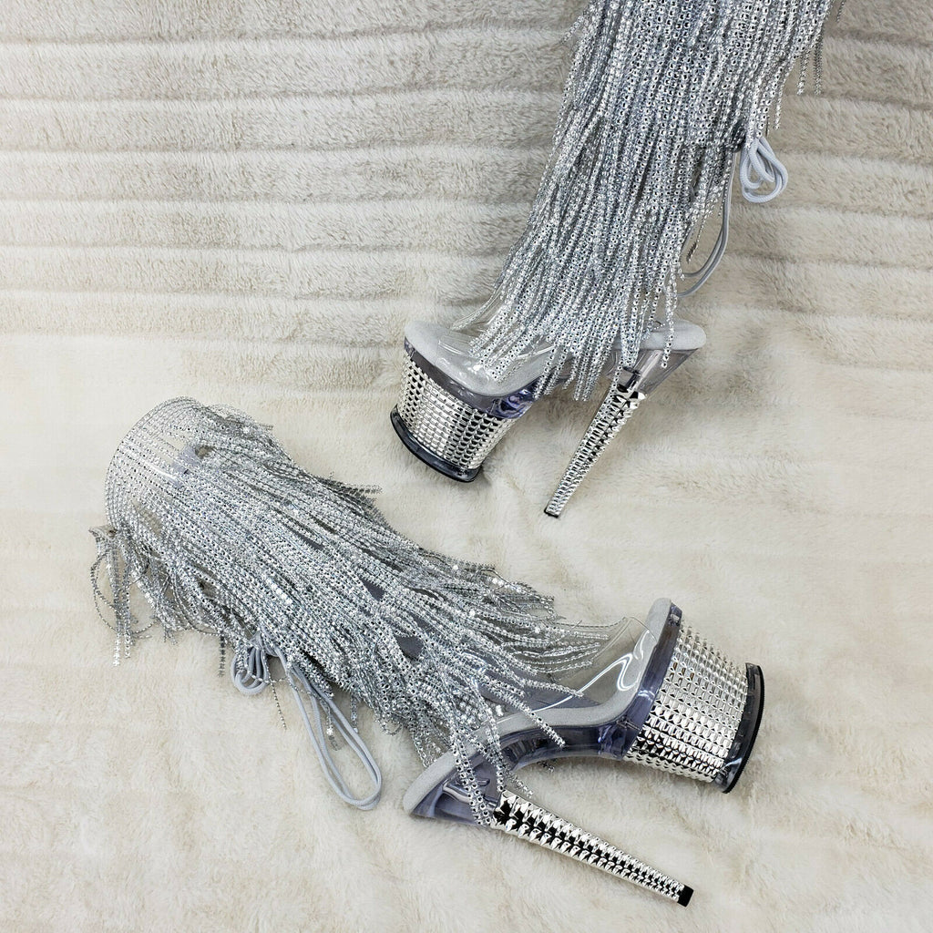 Spectator 2017 Silver Fringe Platform 7" High Heel Fringe Knee Boots NY - Totally Wicked Footwear