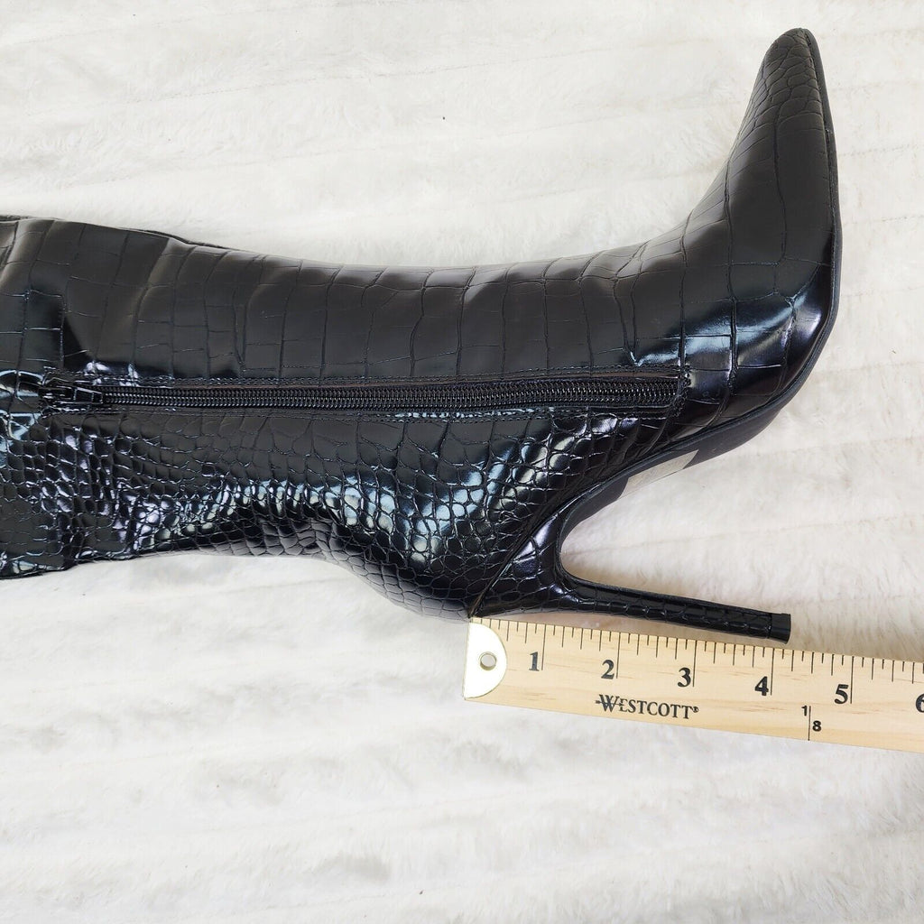 Flirty Black Snake Texture Knee High Heel Stiletto Boots Sexy Feather Top - Totally Wicked Footwear