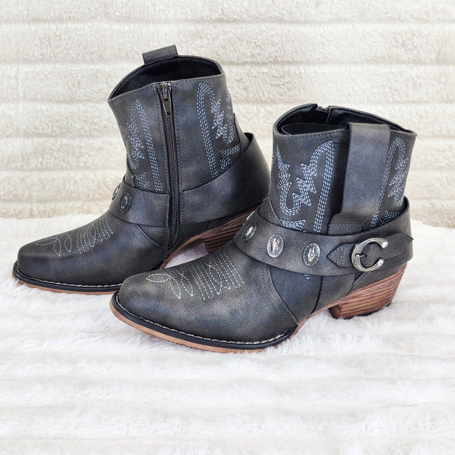 Wild West Black Distressed Western Cowgirl Pull On Ankle Boots - Totally Wicked Footwear