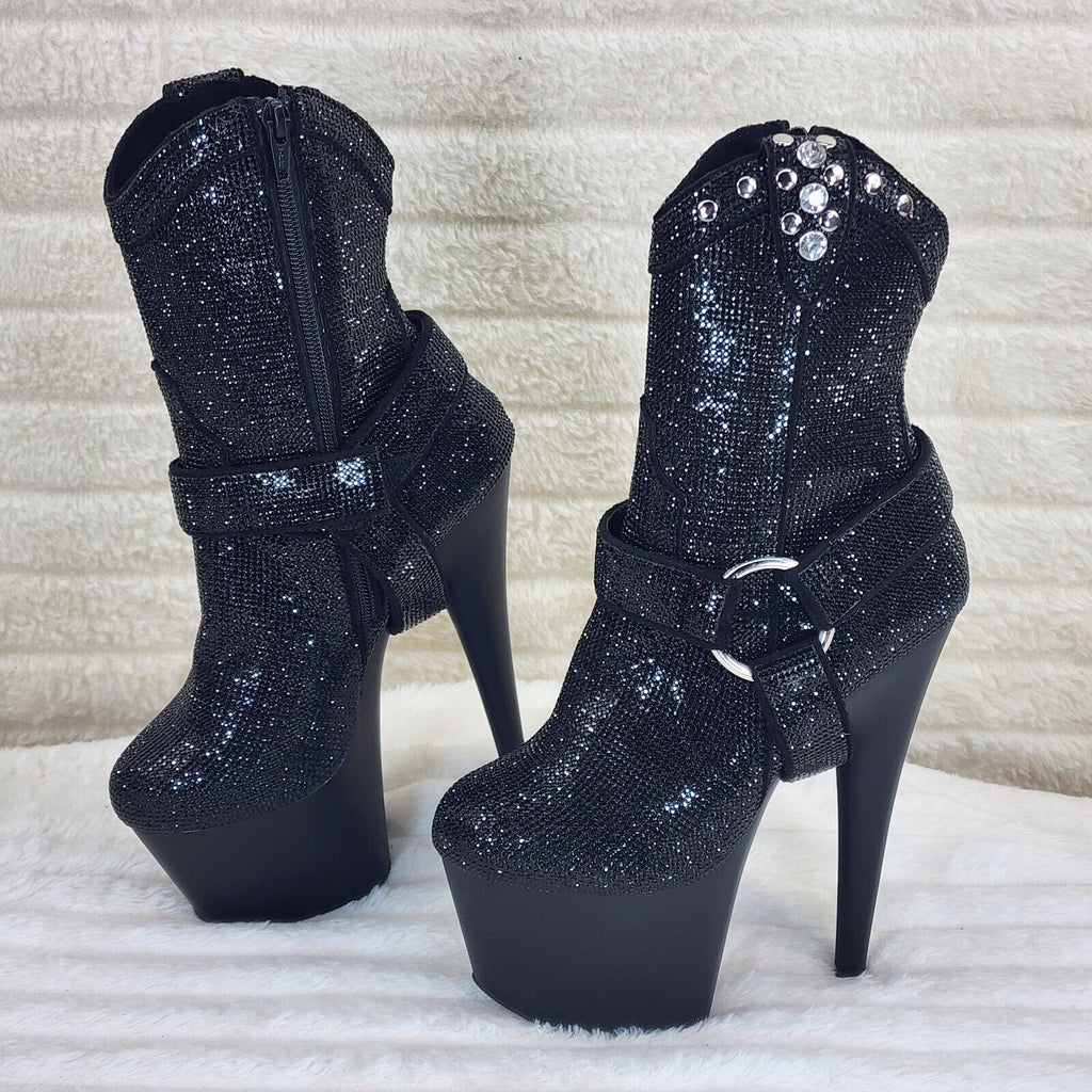 Adore 1029 Bejeweled Black Rhinestone 7" Heel Platform Cowgirl Ankle Boots - Totally Wicked Footwear