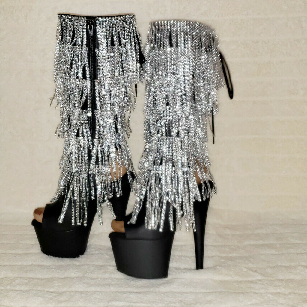 Adore 2024 Silver Fringe Black Platform 7" High Heel Fringe Knee Boots NY - Totally Wicked Footwear