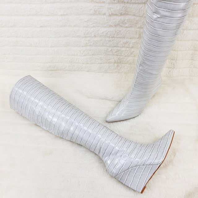 Ice White / Grey Reptile Texture Knee High Wedge Heel Boots Lexis - Totally Wicked Footwear