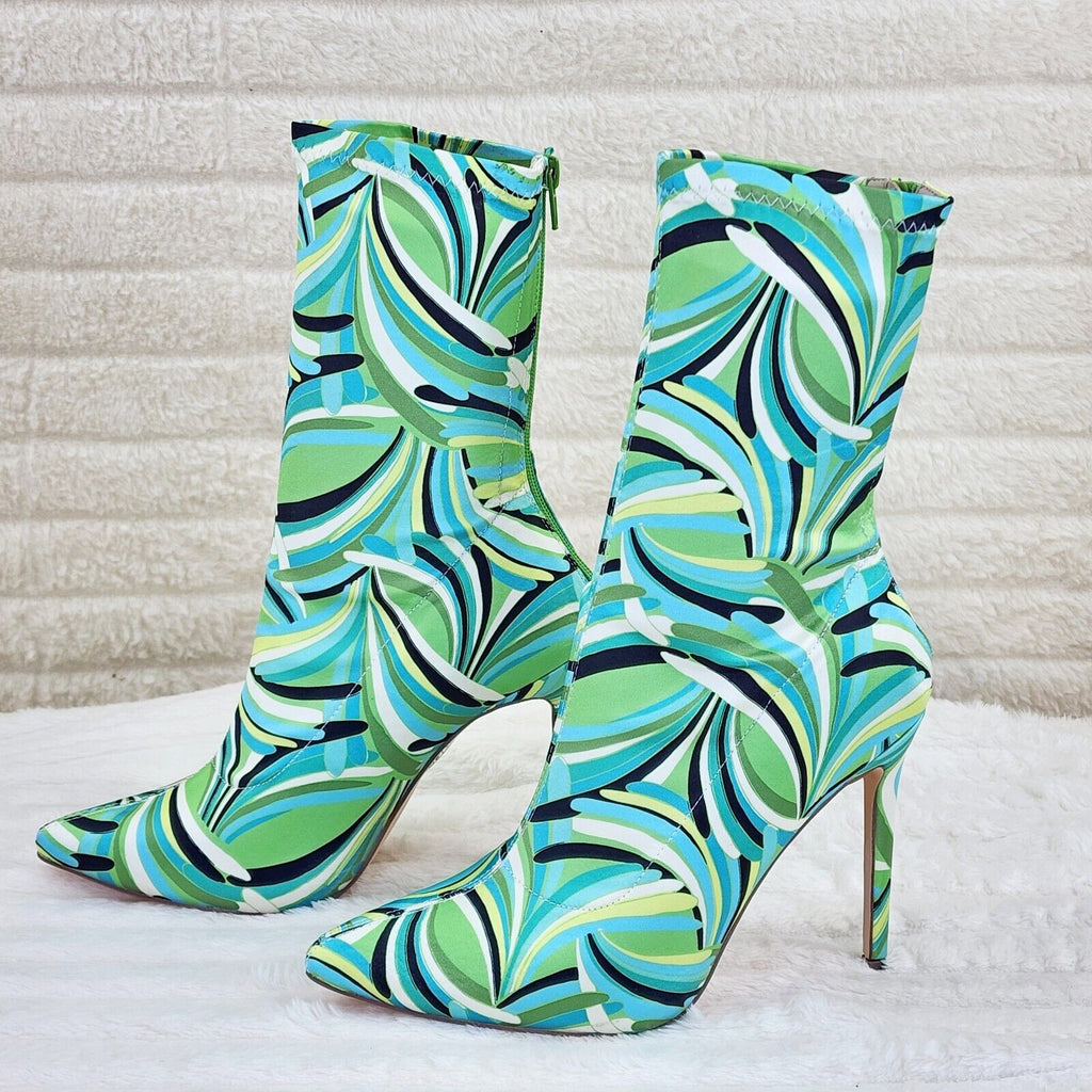 Odin Crazy Wild Color Pattern High Heel Stretch Fabric Ankle Boots - Green Blue - Totally Wicked Footwear