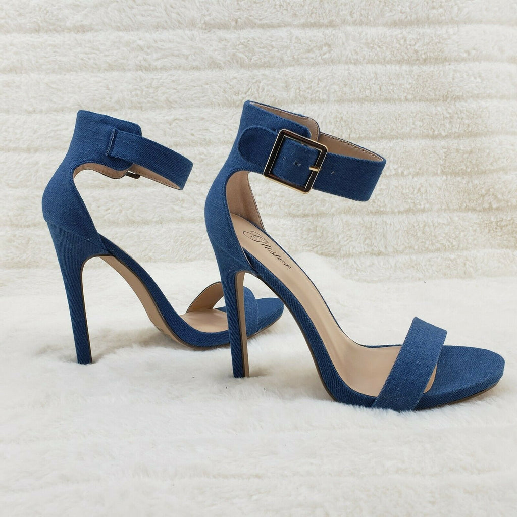 Sexy Medium Blue Denim Ankle Strap 4.5" High Heel Shoes Heels Glister - Totally Wicked Footwear