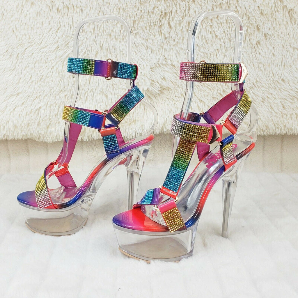 Xapala Rainbow Rhinestone Harness Strap Clear Platform High Heel Shoes - Totally Wicked Footwear