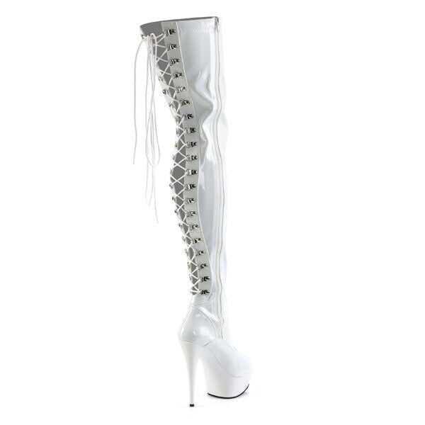 Delight 3063 Back Lace Thigh High Boots 6" High Heel White Patent US Sizes NY - Totally Wicked Footwear