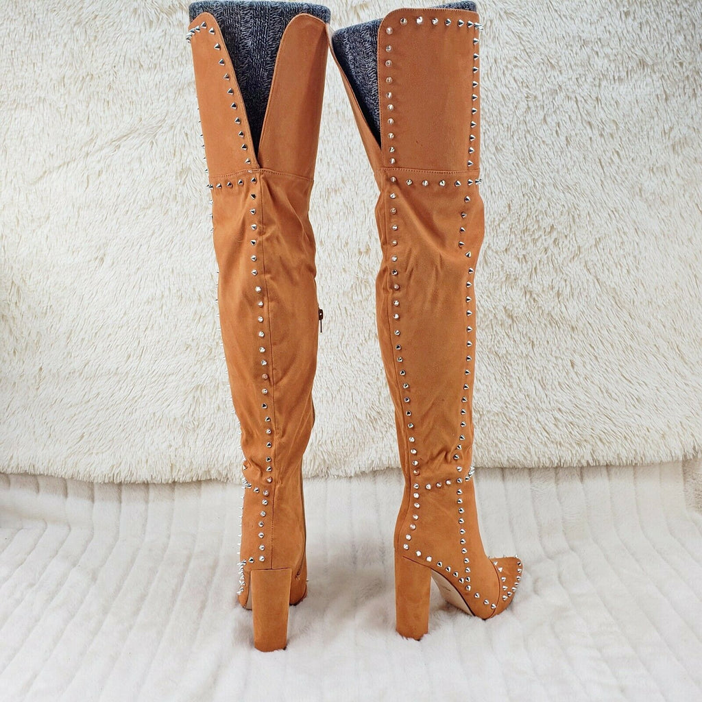 Steph Tan Camel Faux Suede Silver Tone Studded Thigh High Chunky Heel Boots - Totally Wicked Footwear