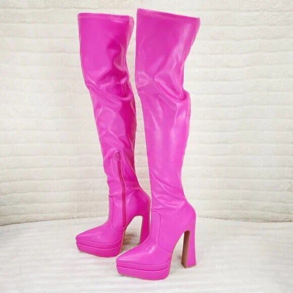 Delicious Hot Pink Fuchsia Pointy Toe Platform High Heel Stretch Thigh Boots - Totally Wicked Footwear