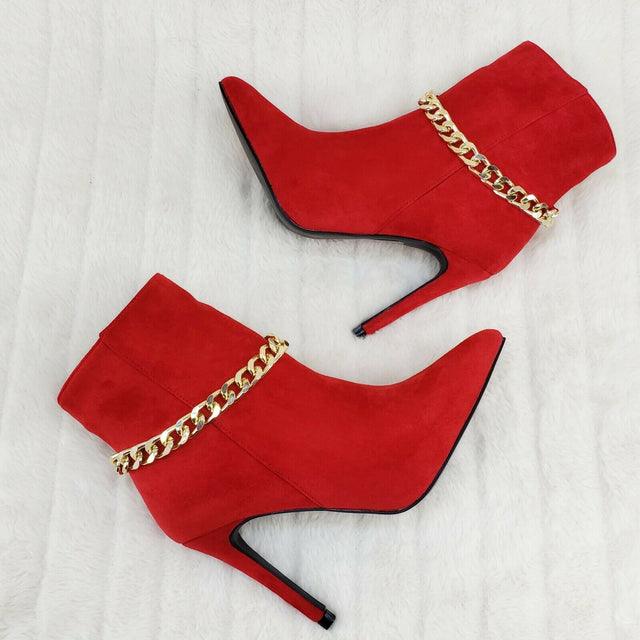 Mata Red FX Suede & Chain Sexy Pointy Toe 4" Stiletto High Heel Ankle Boots - Totally Wicked Footwear