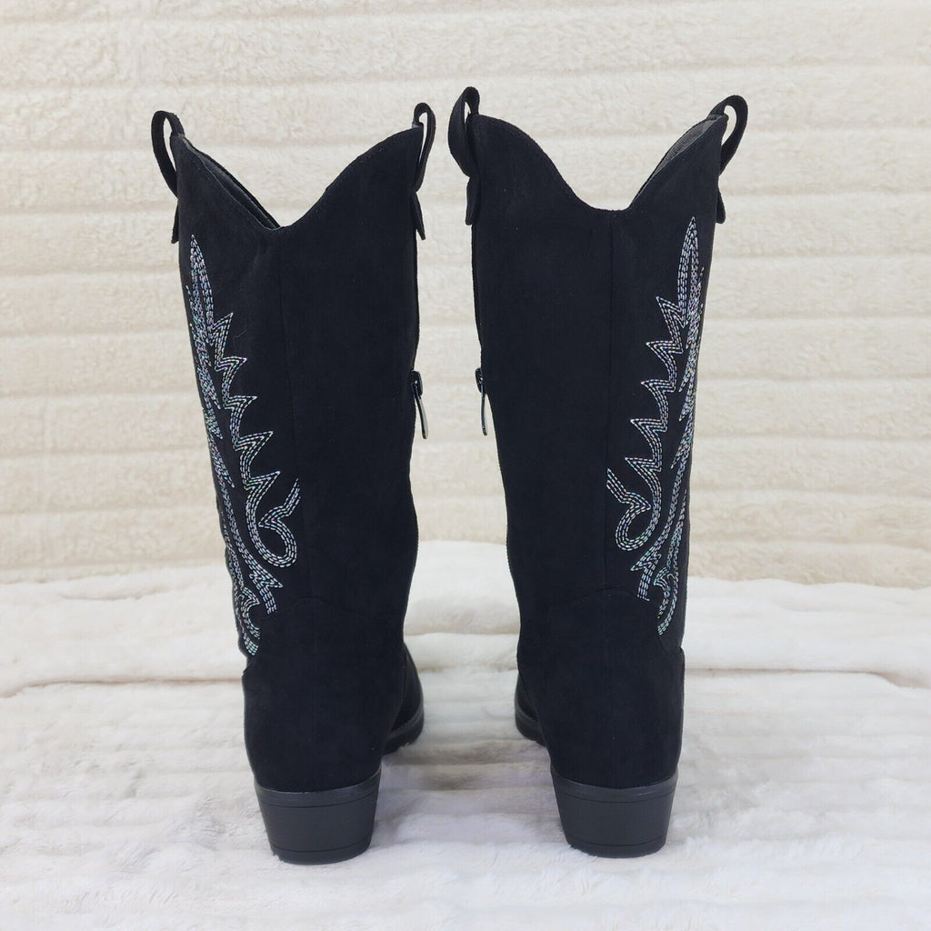 Bella Western Mid-calf Cowboy Cowgirl Boots Tan Low 1.5" Heels Black Faux Suede - Totally Wicked Footwear