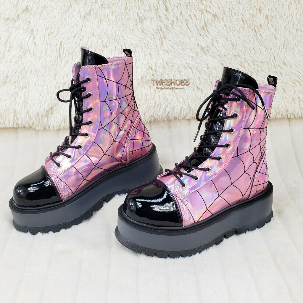 Slacker 88 Pink Hologram Spider Web Design Up Ankle Boots US 6-12 Goth NY - Totally Wicked Footwear