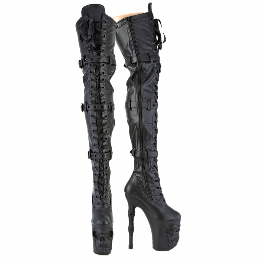 Rapture Black Matte Skull & Bones 8" High Heel Platform Thigh Boots IN HOUSE NY - Totally Wicked Footwear