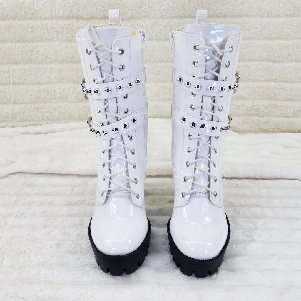 Bright White Patent Lug Sole Studded Strap Ankle Boots Temptress - Totally Wicked Footwear