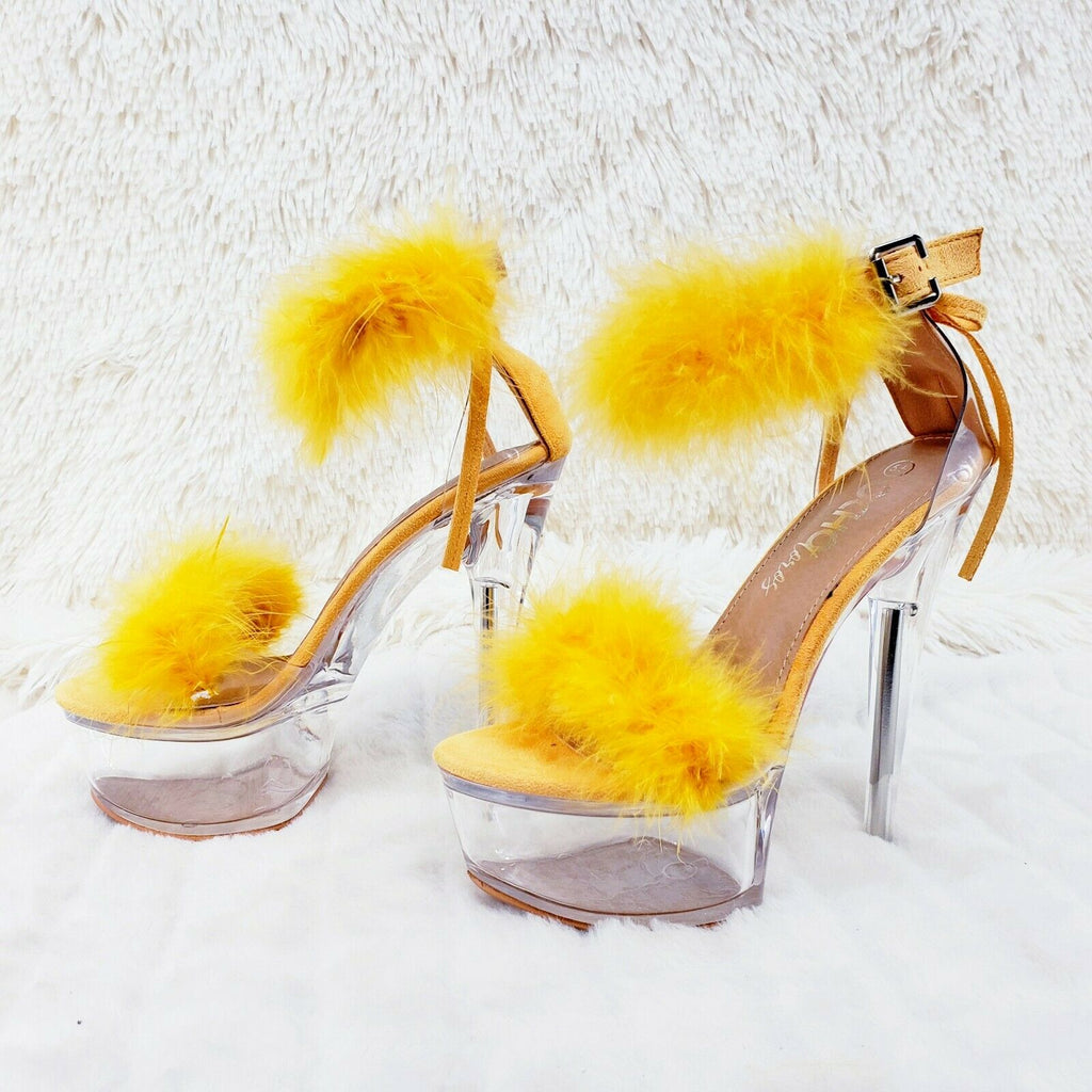 Yellow Marabou Feather Platform Shoes Sandals 6" High Heel Sandals Shoes - Totally Wicked Footwear