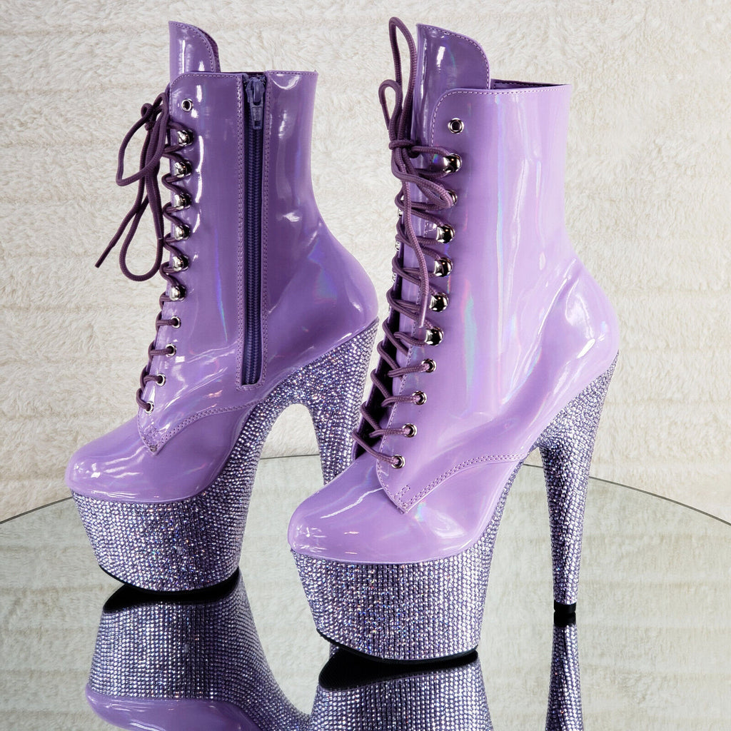 Bejeweled Lilac Rhinestone Platform Lace Up Ankle Boots 7" High Heels IN HOUSE - Totally Wicked Footwear