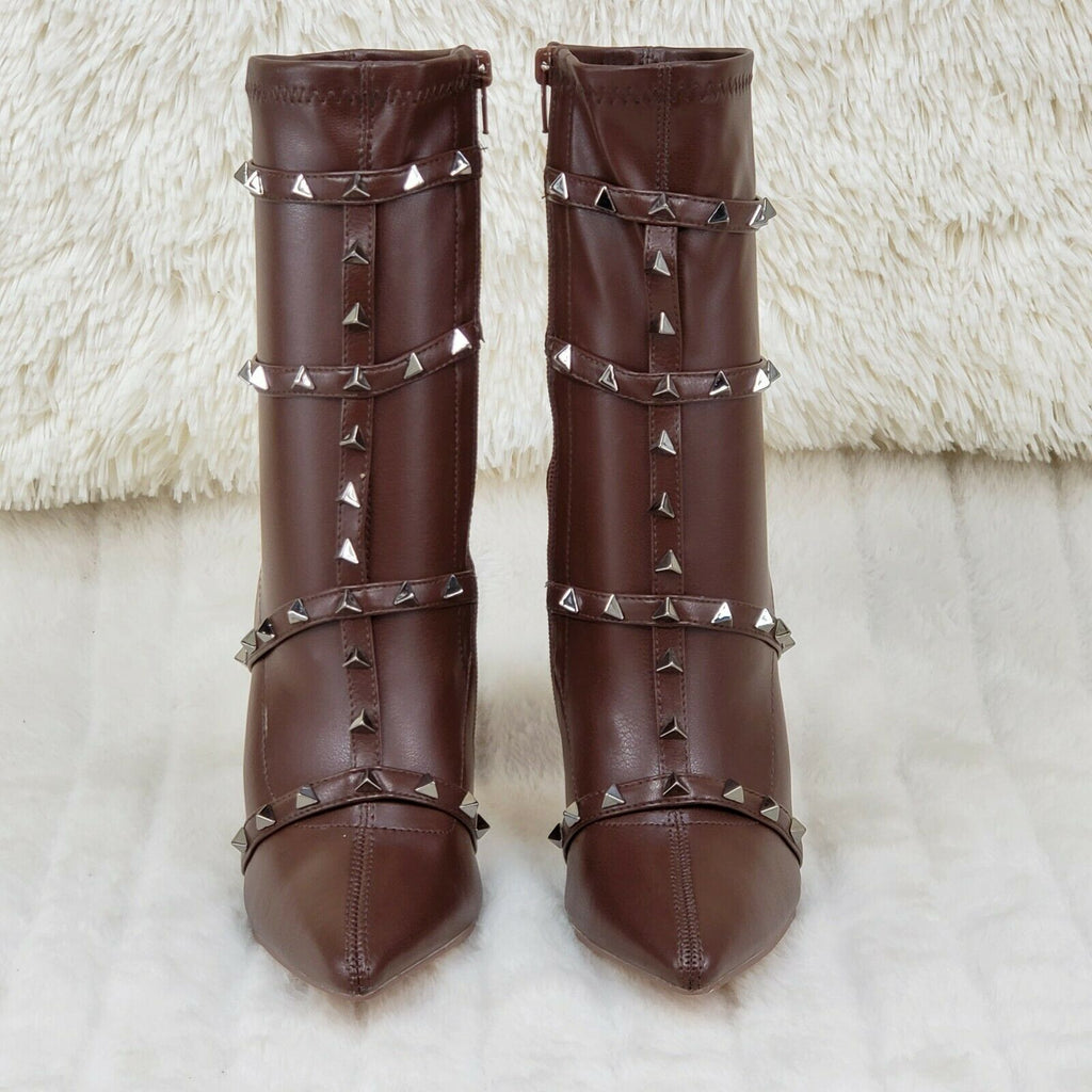 Mark Pyramid Stud Strap High Heel Pointy Toe Stretch Ankle Boots Mocha Brown - Totally Wicked Footwear